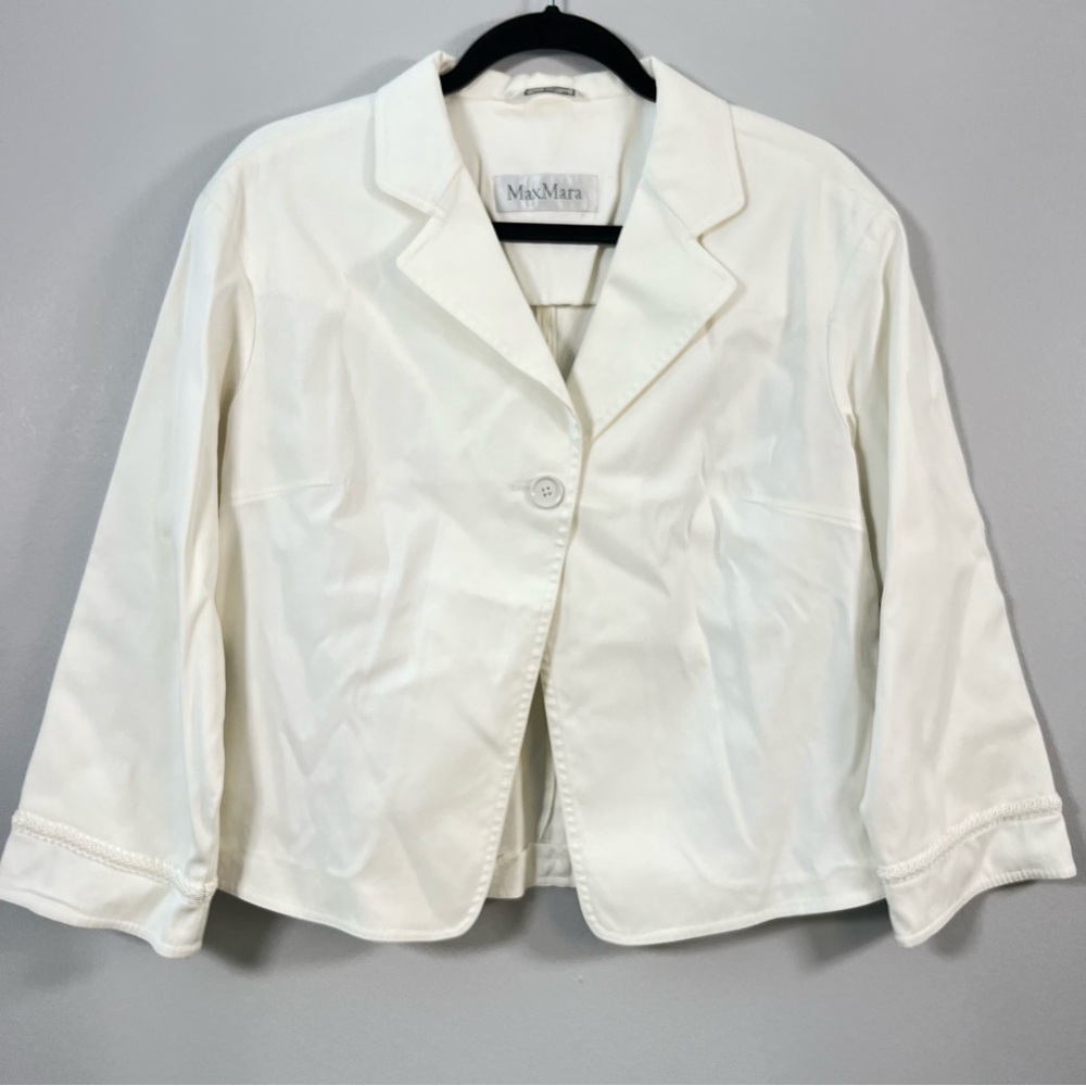 MaxMara Cream Blazer Sz. 8 Notched Lapel Cropped Button Cotton Braid Trim Cuff